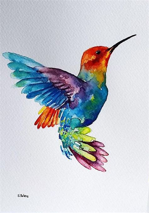 Original Watercolor Painting Flying Rainbow Hummingbird Colorful Bird