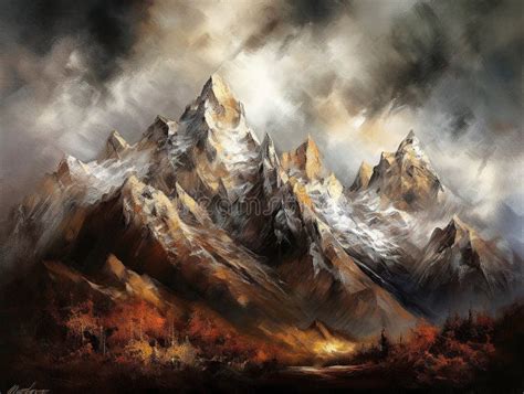 Romantic Mountain Painting With Majestic Peaks Snowy Summits And