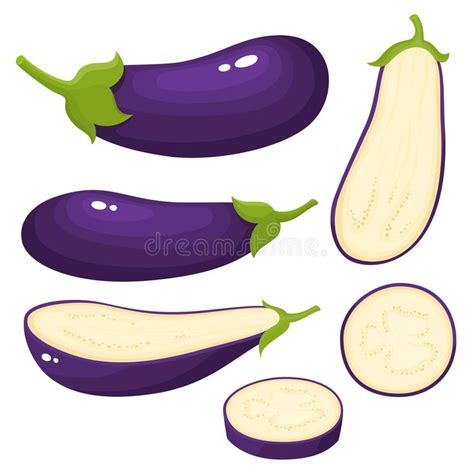 Bright Vector Set Of Fresh Eggplants Isolated On White Stock Vector