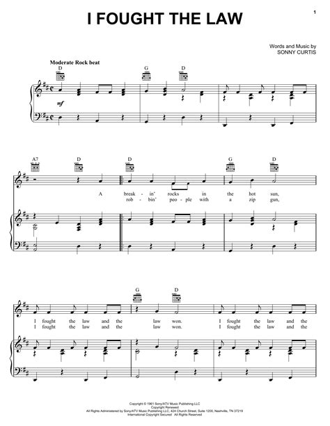 I Fought The Law Sheet Music The Clash Piano Vocal And Guitar Chords