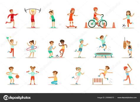 Kids Practicing Different Sports And Physical Activities In Physical
