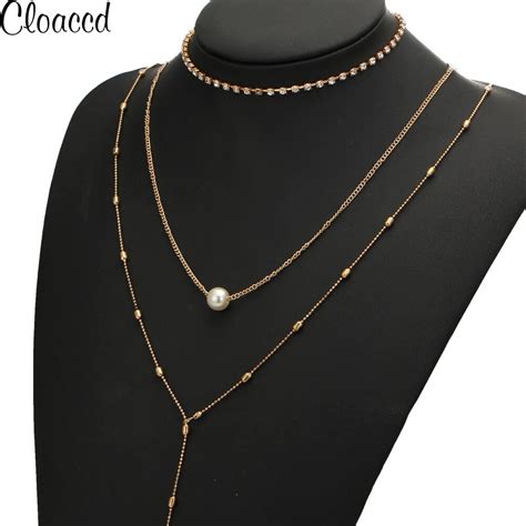 Cloaccd Multilayer Chain Necklace Bohemia Gold Color Simulated Pearl Crystal Sexy Choker