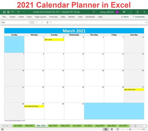 2021 Excel Calendar Planner Template Monthly Yearly