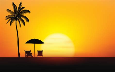 Silhouette Palm Tree And Umbrella Beach On Island Under