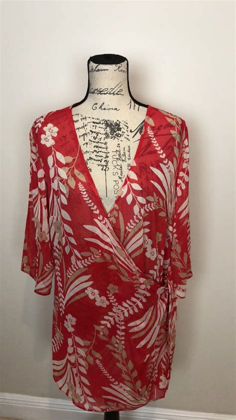 Wardrobe Red Tropical Print Sheer Wrap Cover Up Large See