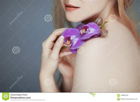 Beautiful Woman Hands Holding Orchid Portrait Beauty Skin Care Concept