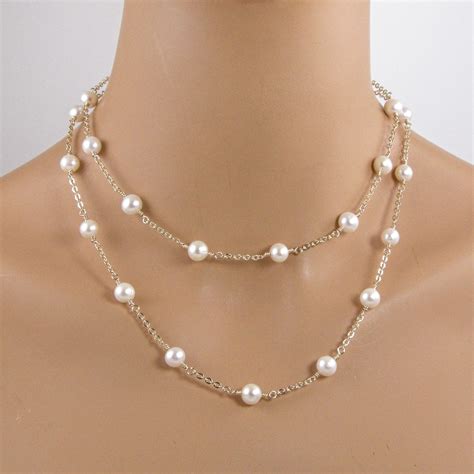 White Pearl Tin Cup Necklace Long White Pearl Gold Chain Necklace