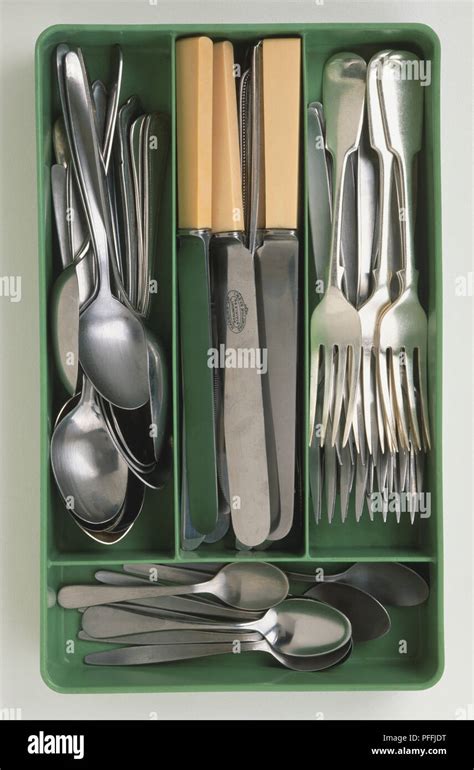 Pea Green Coloured 1950s Bakelite Cutlery Tray Containing Silver Forks
