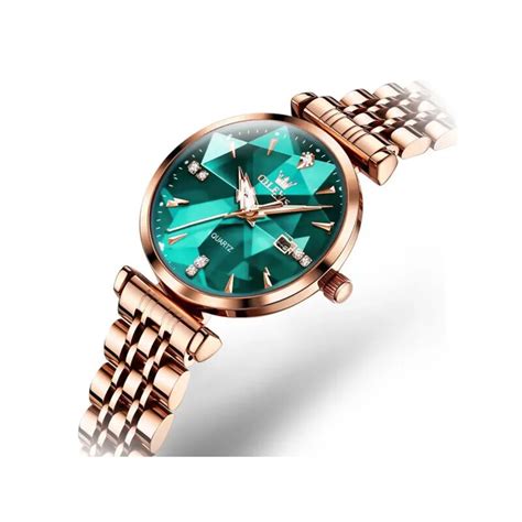 Olevs 5536 Diamond Cart Luxury Exquisite Womens Watch Rose Gold And Green