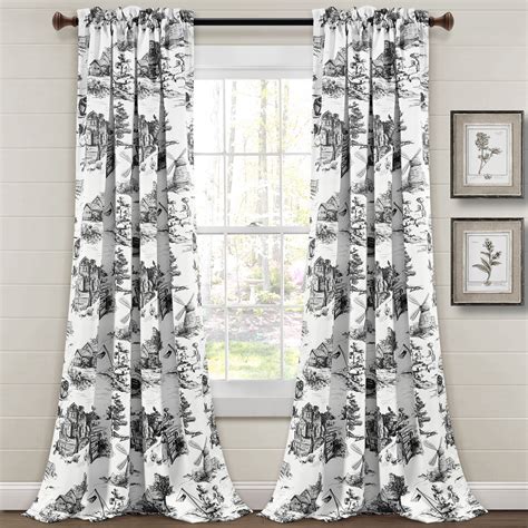 French Country Toile Room Darkening Window Curtain Set White Paneling