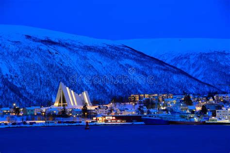 Panoramic View Of The Snow Covered City Of Tromso Norway Stock Image