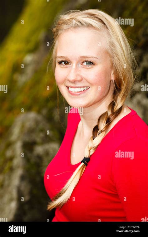 Young Beautiful Woman Hiking In A Forest Stock Photo Alamy