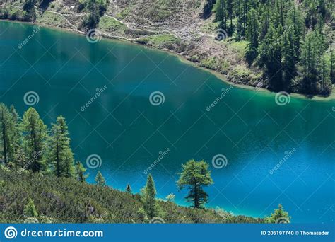 Colorful Blue Mountain Lake With Green Shore Detail Stock Photo Image