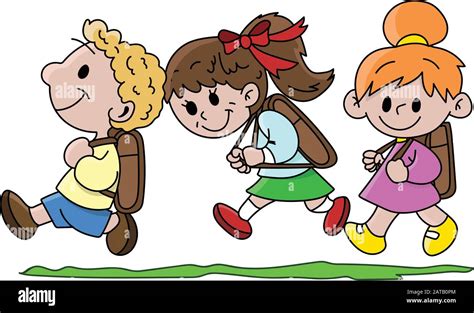 Niños De Dibujos Animados Con Sus Mochilas Caminando Hacia La Escuela