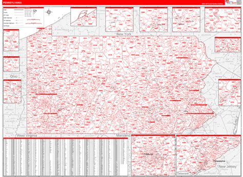 Pennsylvania Zip Code Wall Map Red Line Style By Marketmaps Mapsales