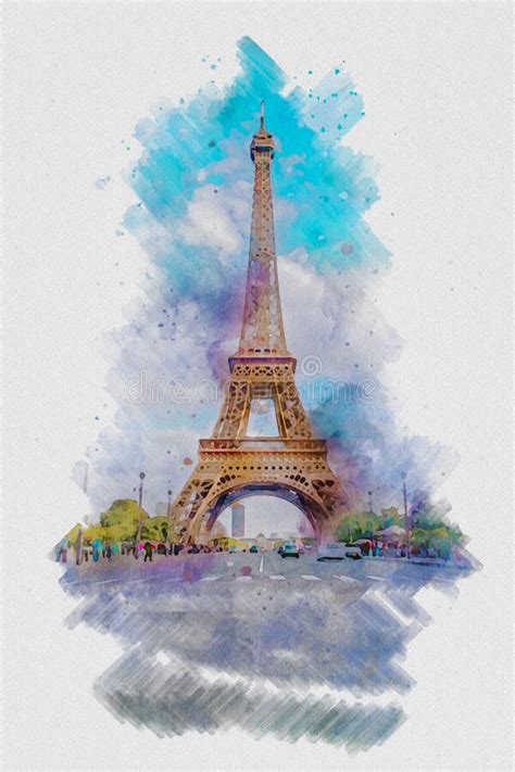 Paris Eiffel Tower Watercolor Painting Arkivfoto Bild Av Utställning