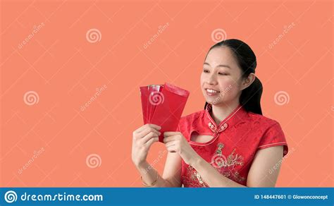 Asian Woman Happy Face Chinese New Year Red Traditional Costime Stock