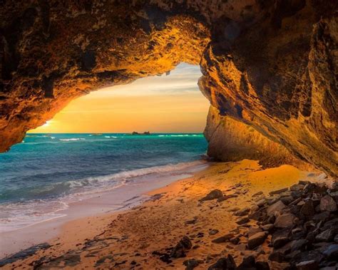 Sunset Scenario Cave In The Sea Coast Desktop Hd Wallpaper For Pc