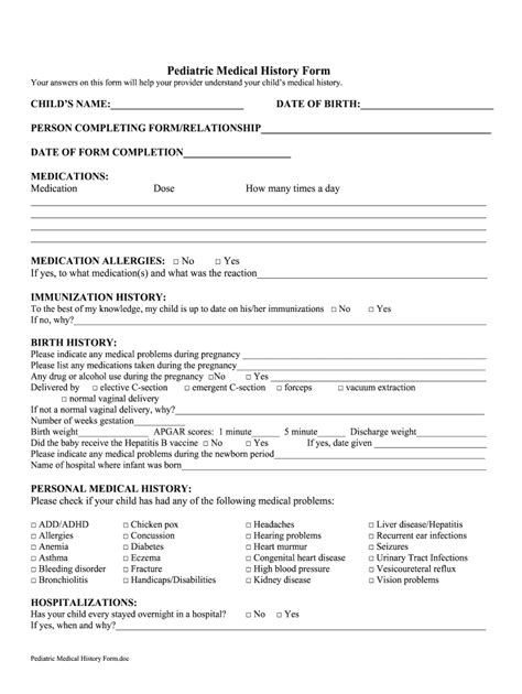 Pediatric History Form Fill Out And Sign Printable Pdf Template
