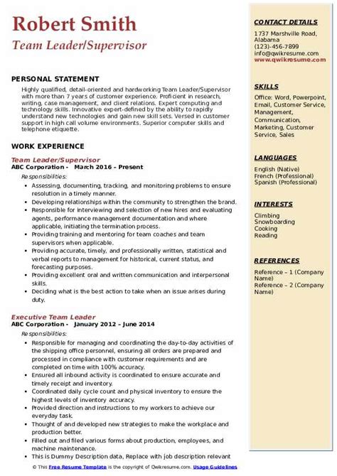 roles and responsibilities of a team leader resume