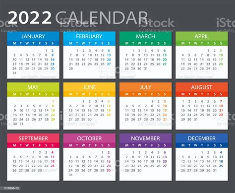 2022 Calendar Vector Illustration Monday To Sunday Stock Illustration