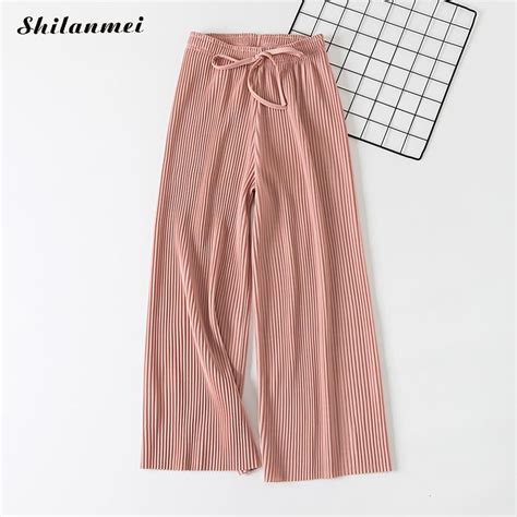 High Waist Women Casual Pants Solid Color Pleated Wide Leg Trousers Female Summer Chiffon