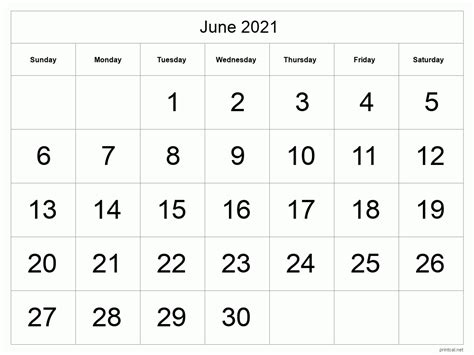 Printable June 2021 Calendar Big Dates