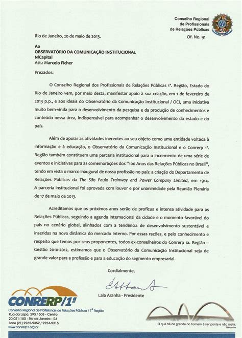 Carta De Apoio Conrerp1 à Campanha Oci 2014 100 Anos De Rp No