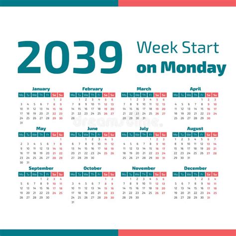 2039 Calendar With The Weeks Start On Monday Stock Vector