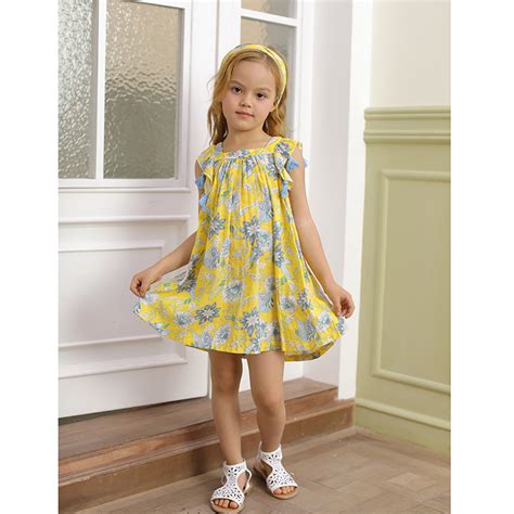 China Floral Pattern Children Clothes Yellow Soft Cotton Little Girl