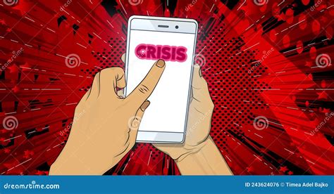 Crisis Text On Smartphone Screen Hand Clicking Text On Mobile Phone