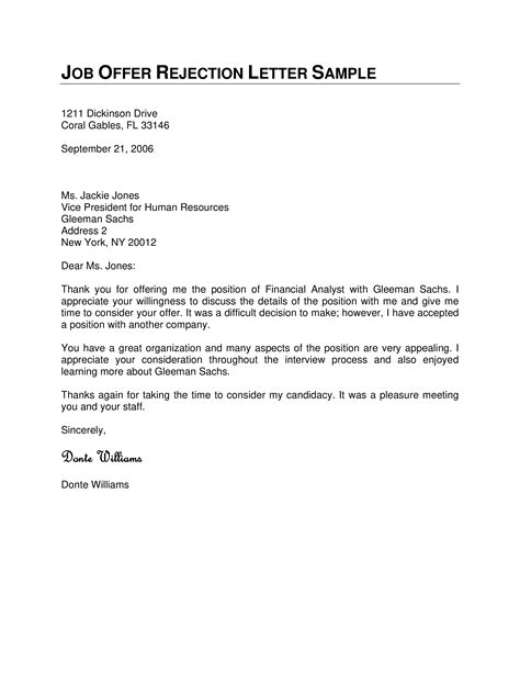 Job Offer Rejection Letter How To Write A Job Offer Rejection Letter