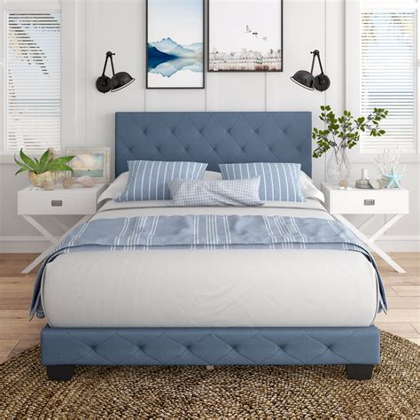 Boyd Sleep Chloe Linen Upholstered Platform Bed Frame Blue Queen