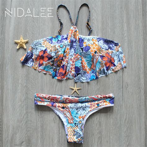 nidalee sexy bikini 2018 low waist bikini set halter lotus sleeve floral printed swimwear push