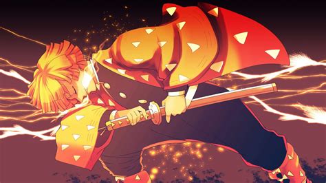 Demon Slayer Zenitsu Agatsuma With Sword With Background Of Black Red