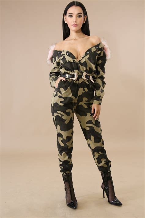 Camo Faux Fur Jumpsuit Olive In 2020 Jumpsuit Cute Outfits Camo Fashion
