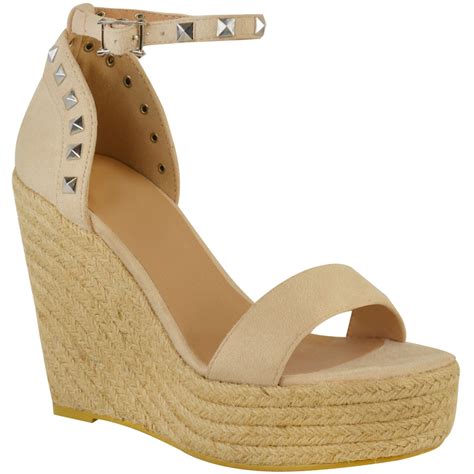 New Womens Stud Espadrille Wedge Summer Sandal Ladies Rose Gold Party