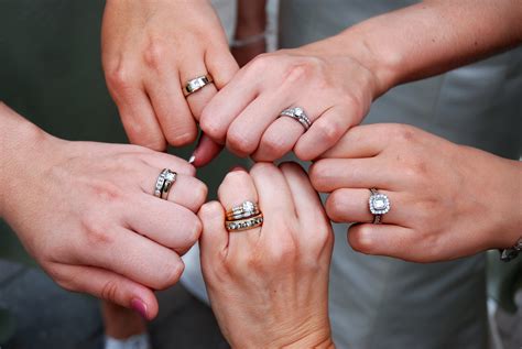 They would buy wedding bands at their engagement and wear them on one hand, and then move the bands to their other hand during the wedding ceremony. Wearing two rings - Articles - Easy Weddings