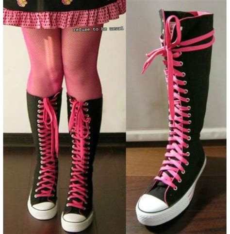 20 Hole Punk Rock Women Canvas Knee Hi Hot Pink Sneaker Flat Boots In
