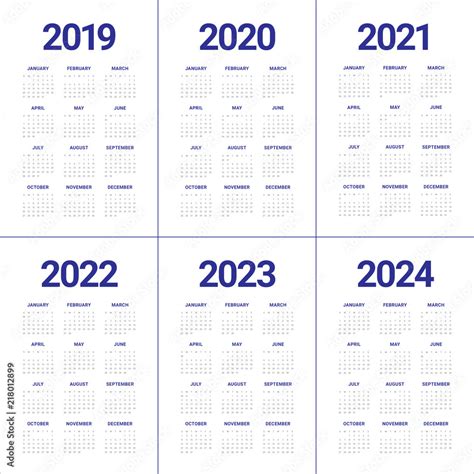 Year 2019 2020 2021 2022 2023 2024 Calendar Vector Design Template Stock Vektorgrafik Adobe Stock