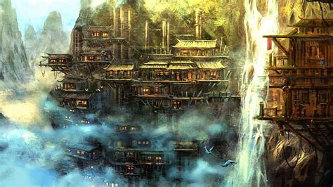 Temples Illustration Fantasy Art Waterfall Fantasy City Hd Wallpaper