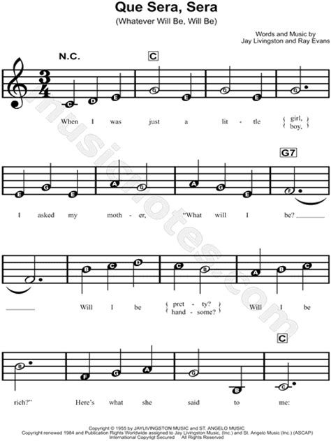 Doris Day Que Sera Sera Sheet Music For Beginners In C