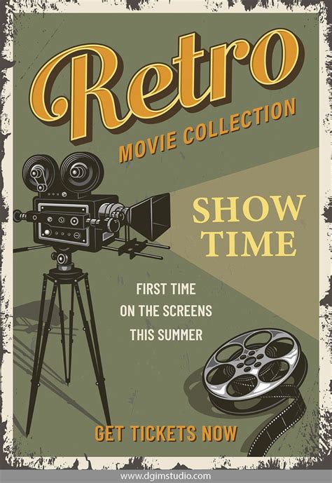 Vintage Colorful Cinema Poster With Movie Camera And Film Reel Click