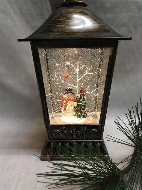 Water Lantern With Snowman And Christmas Tree Bronze Led Lights Up