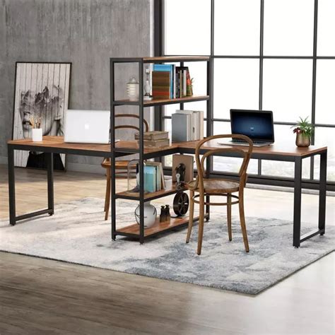 Tribesigns Two Person Computer Desk With Bookshelf 90 Inches Double