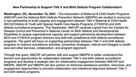 New Partnership To Support Title V And Birth Defects Program