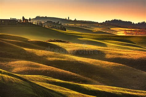 Tuscany Spring Rolling Hills On Sunset Rural Landscape Stock Image