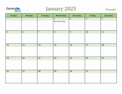 January 2025 Calendar With Grenada Holidays