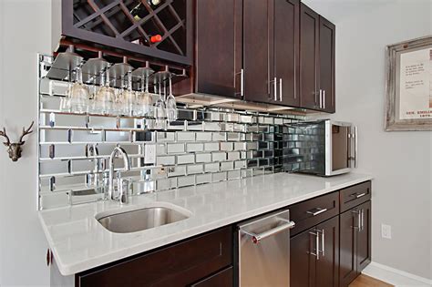 How Gorgeous Is This Wet Bar Kitchen Design Mirrored Subway Tile