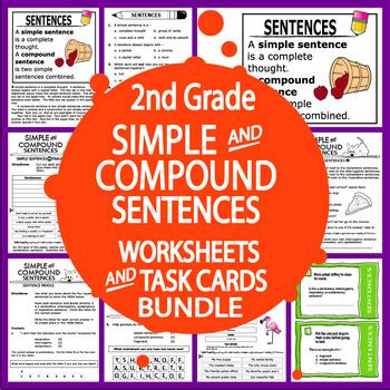 simple compound sentences worksheets task cardsnd grade language